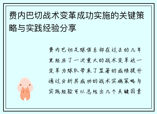费内巴切战术变革成功实施的关键策略与实践经验分享